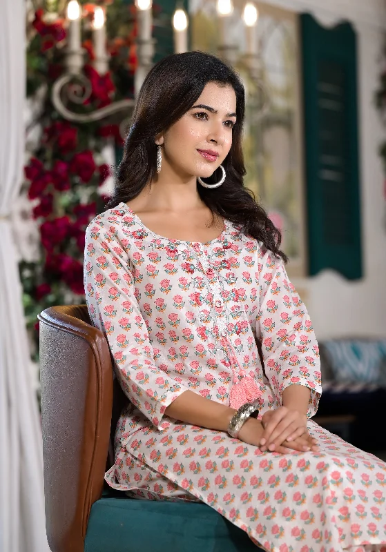 Divena White & Pink Floral Printed Cotton Kurta with Trouser Trousers cozy soft