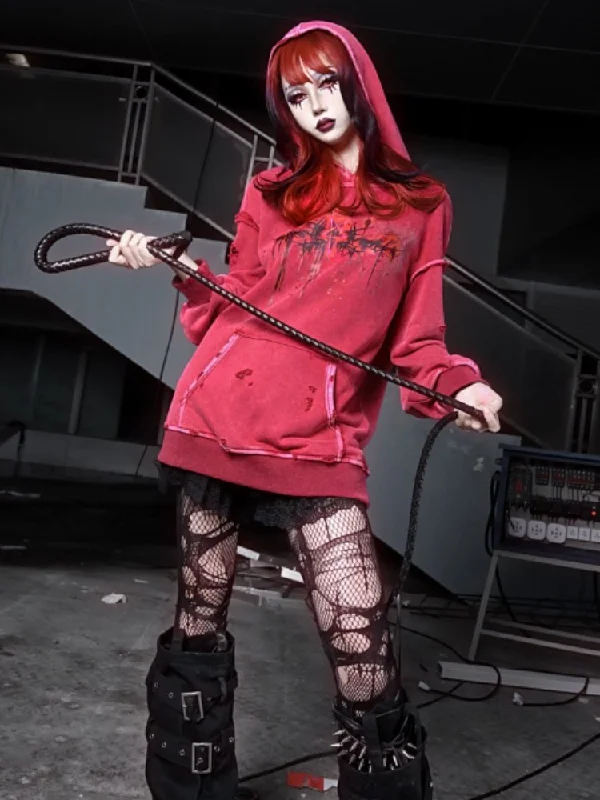 Devil Rust Red Print Washed & Worn Loose Long Sleeve Hoodie【s0000000766】 Hoodie with Stripes Bold Sporty