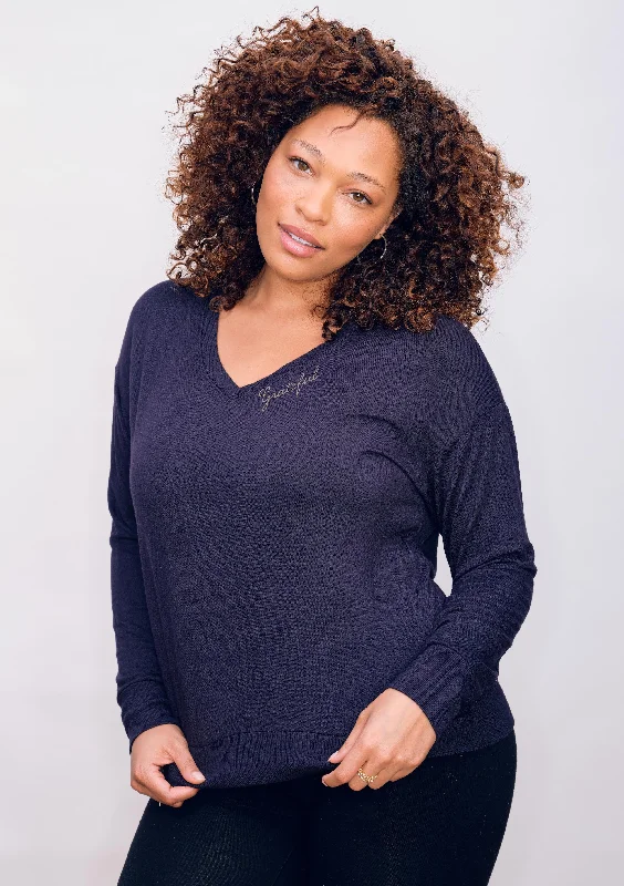 'Grateful' Ultra-Soft V-Neck Pullover - Navy Black Slit Sleeve Stylish