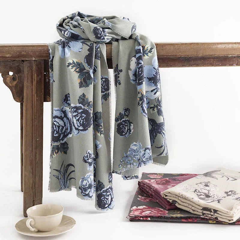 Buddha Stones Tibetan Shawl Garden Style Rose Flower Print Fall Winter Soft Warm Scarf Wrap Fashionable Silk Shawl Wrap