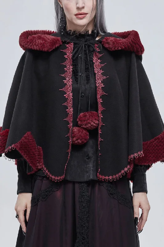 Black Gothic Petal-Shaped Double-Faced Contrast Women's Wool Hooded Shawl Chic Embroidered Shawl Wrap