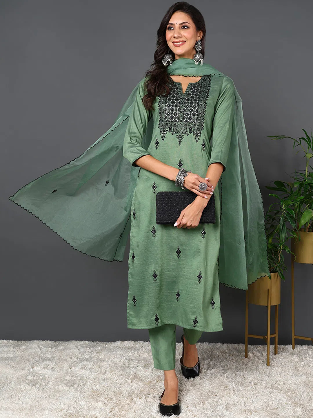 Ahika Women Green Silk Blend Solid Embroidered Kurta Trouser With Dupatta-PKSKD2031_S Trousers Elastic Waist Soft