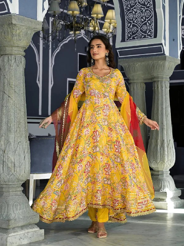 Divena Yellow Floral Printed Anarkali Muslin Kurta Trouser with Dupatta Set Trousers Timeless Classic