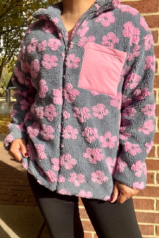 DLH14445 Flower Sherpa full-zip jacket w/pocket Hoodie Zip-Up Jacket Button-Up Jacket