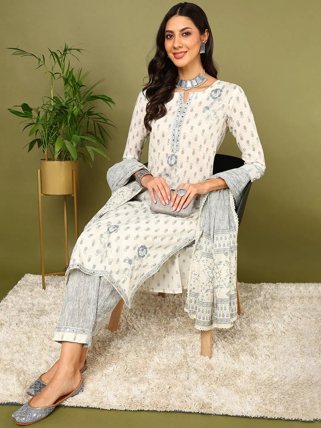 Ahika Women Off White Pure Cotton Striped Printed Kurta Trouser with Dupatta Trousers versatile functional