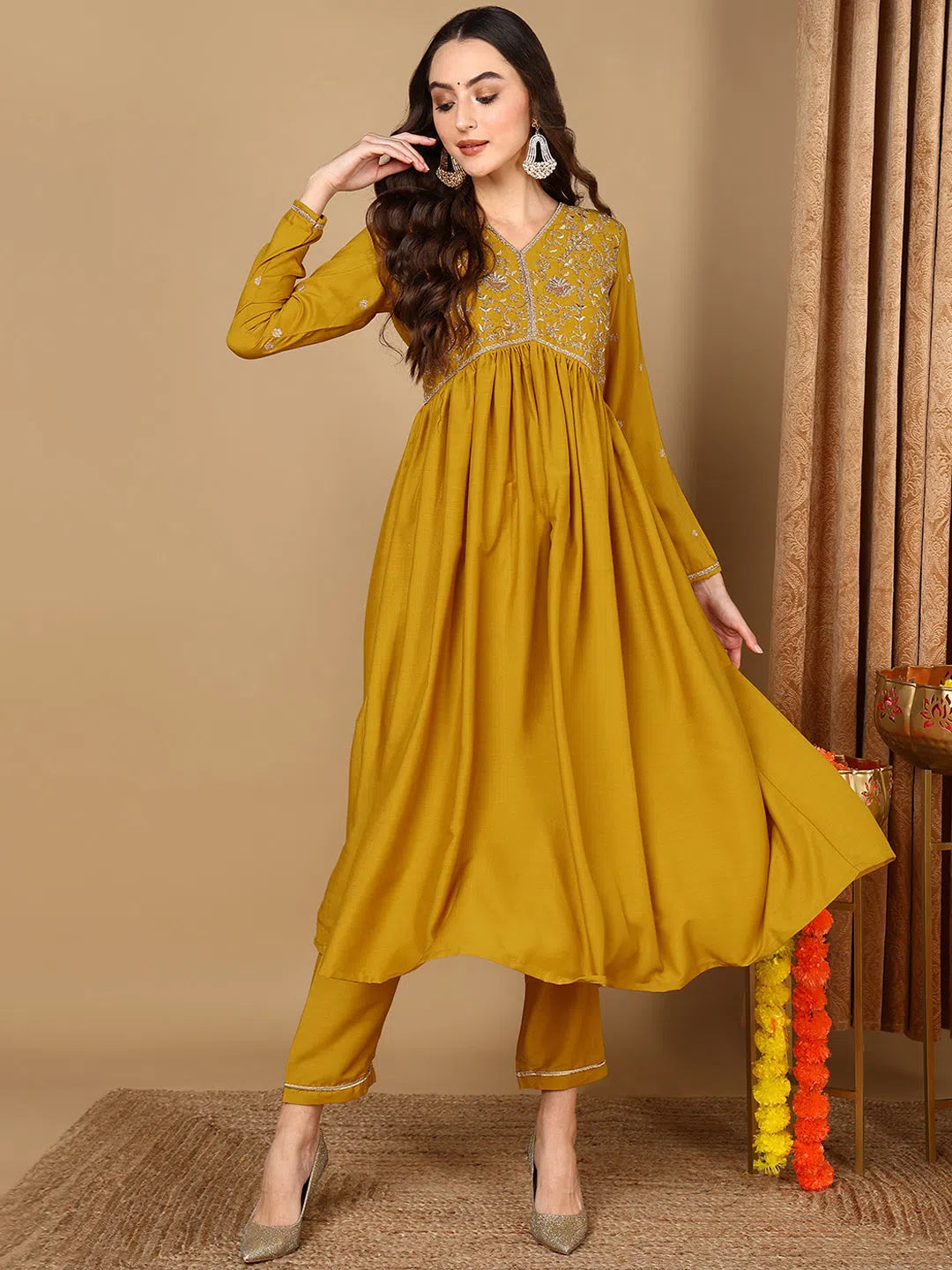 Ahika Women Yellow Silk Blend Solid Embroidered Anarkali Kurta Trouser With Dupatta Trousers trendy modern