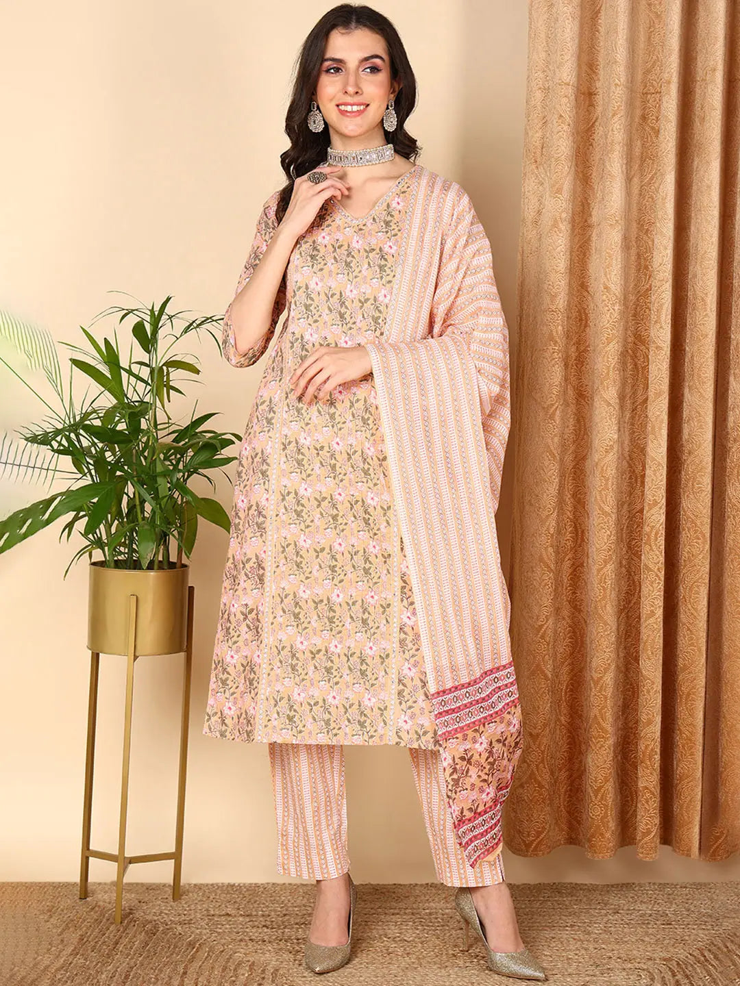 Ahika Women Peach Pure Cotton Floral Printed Kurta Trouser With Dupatta Trousers Flared Retro