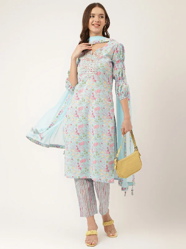 Divena Blue Floral Print Cotton  Kurta, Trouser With Dupatta Trousers Denim Blue