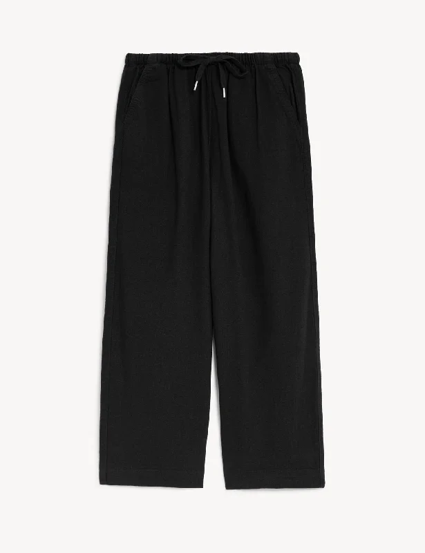 Linen Rich Wide Cropped Leg Trousers Trousers Solid Black