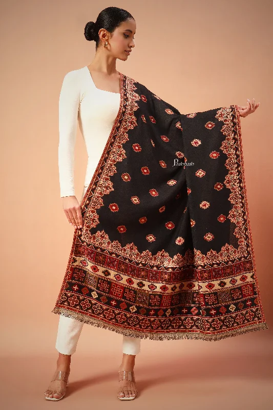 Pashtush Womens Aztec Jamawar Shawl, Faux Pashmina Black Soft Knit Shawl Poncho