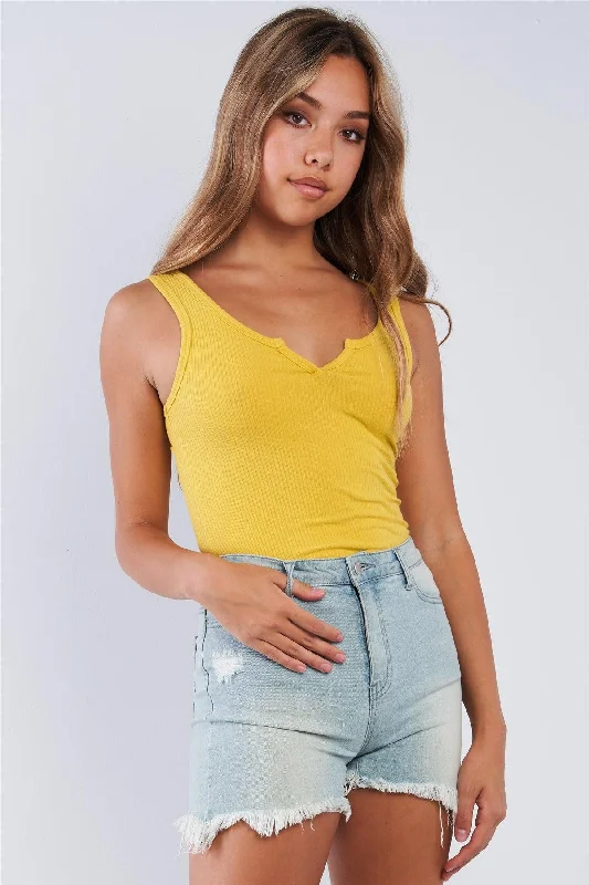Mustard Yellow Ribbed Tank Top Bodysuit strappy tank top