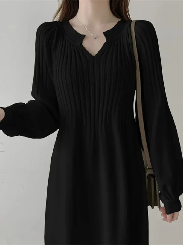 Solid Casual Knitted Dress Autumn Winter Women Large Size Loose V-Neck Mid-Calf Long Sleeve Pullover Sweater Dresses M 188791 Zippered Front Buttoned Front Snap Front