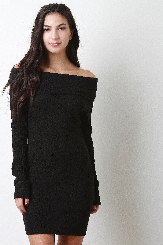 Off-The-Shoulder Ribbed Sweater Dress Modern Contemporary Chic