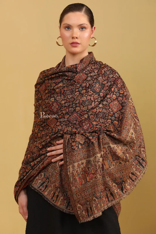 Pashtush Womens Shawl, Ethnic Weave, Darbar Palla, Black Soft Knit Shawl Poncho