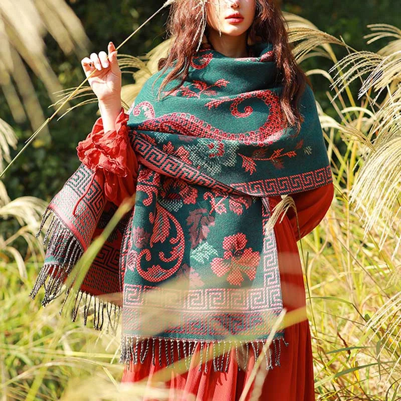 Buddha Stones Tibetan Flowers Leaves Pattern Design Shawl Cozy Travel Scarf Wrap Chic Embroidered Shawl Wrap