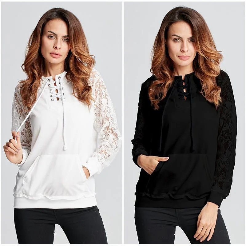 Casual Hoody Pullover Women Lace Long Sleeve Hoodies Solid Black Sweatshirts Ladies Leisure Tops Flare Sleeve Stylish