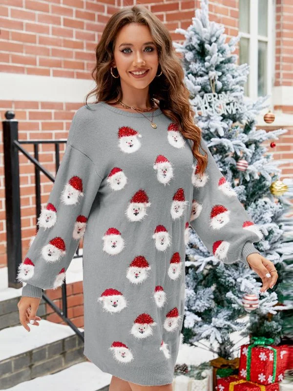 STYLISH CHRISTMAS PRINT PULLOVER SWEATER DRESS Ruffle Neck Pullover
