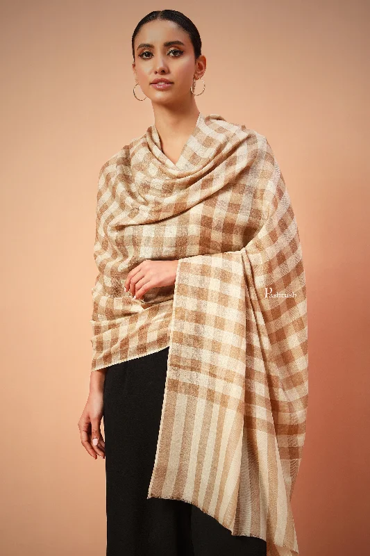 Pashtush Womens Extra Fine Wool Blend  Shawl,Checkered, Soft And Warm Beige Luxurious Cashmere Shawl Wrap