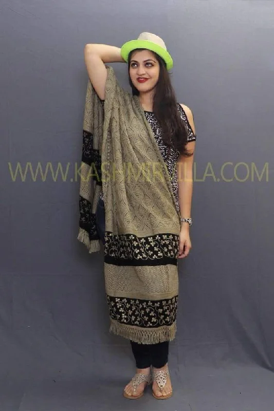 Beige Black Colour Shawl Enriched With Designer Embroidery Pattern Trendy Floral Print Shawl