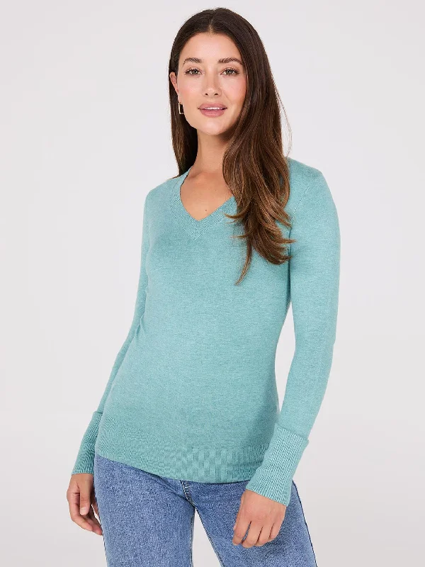 V-Neck Long Sleeve Sweater With Ribbed Details Thin Thick Dense