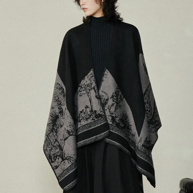 Buddha Stones Black Gray Sika Deer Animal Forest Double-sided Shawl Fall Winter Warm Scarf Wrap Cozy Plaid Wool Shawl