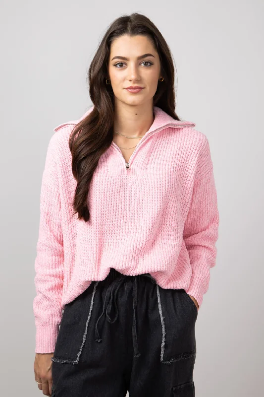 Simply Southern Quarter Zip Sweater for Women in Candy Pink | PP-0224-SWTR-QTRZIP-CANDY Denim Fabric Leather Fabric Suede Fabric