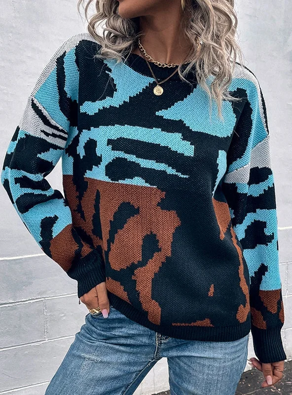 TIGER PRINT CONTRAST CREWNECK PULLOVER SWEATER Polo Neck Sweater