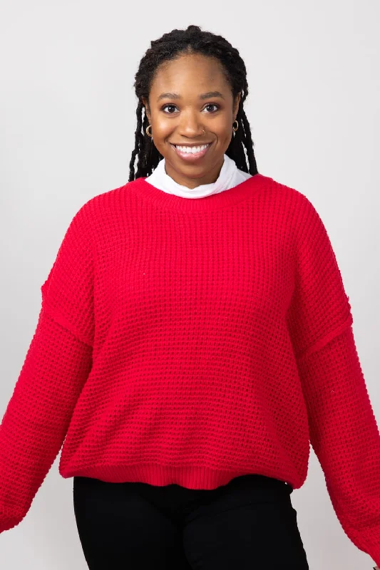 Miracle Waffle Cable Knit Sweater for Women in Red | F196-RED Oversized Loose Flowy