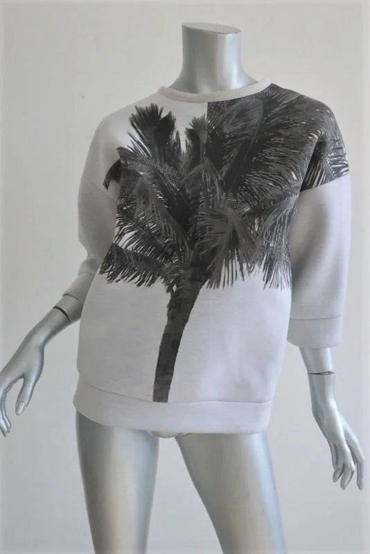 No. 21 Palm Tree Sweatshirt Light Gray Neoprene Size 40 Lace-Back Pullover Box Sleeve Comfort