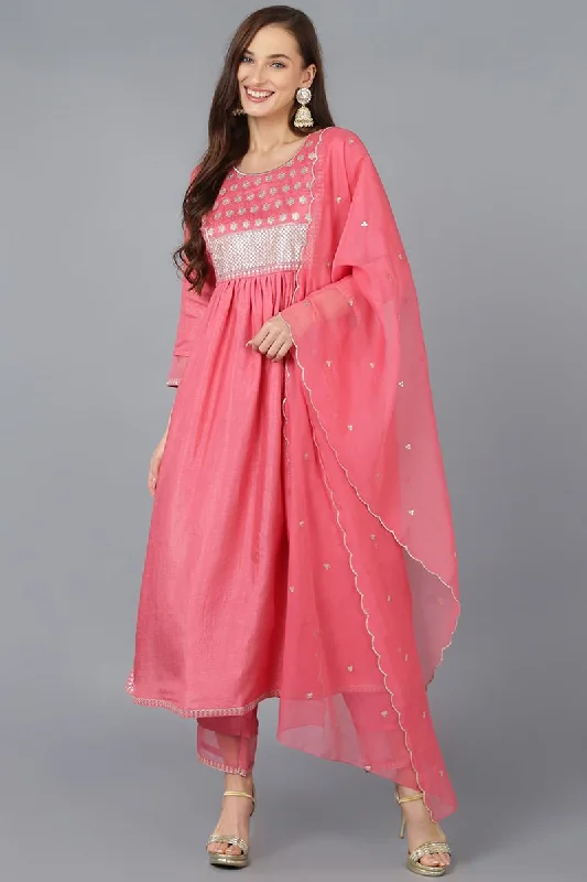 Coral Silk Blend Solid Straight Kurta Trousers With Dupatta Trousers Gym Athletic