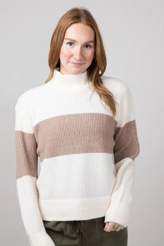 Stripe Mock Neck Sweater for Women in Ivory Mocha Combo | PF3S25406-IVORYMOCHACOMBO Fitted Loose Oversized