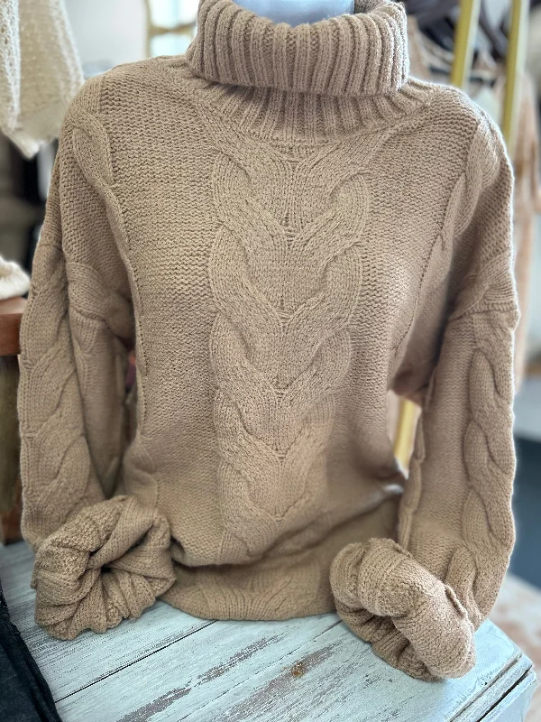 Lantern Sleeve High Neck Cable Knit Sweater Modern Contemporary Chic