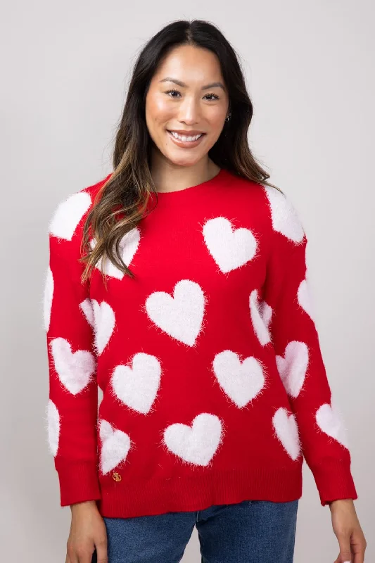 Simply Southern Fuzzy Heart Sweater for Women in Red | PP-0224-SWTR-FZY-VALRED Cotton Fabric Linen Fabric Terry Fabric