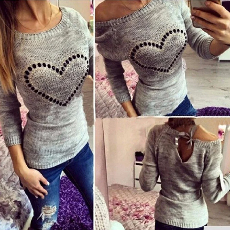 Fashion Women Knitted Sweater Longsleeve Heart Print Elastic Love Pattern Thin Casual Knitting Girl Fall Pullover Sweater Turtleneck Warm Pullover