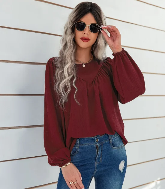 solid color round neck pullover shirt loose shirt Honey Neck Pullover