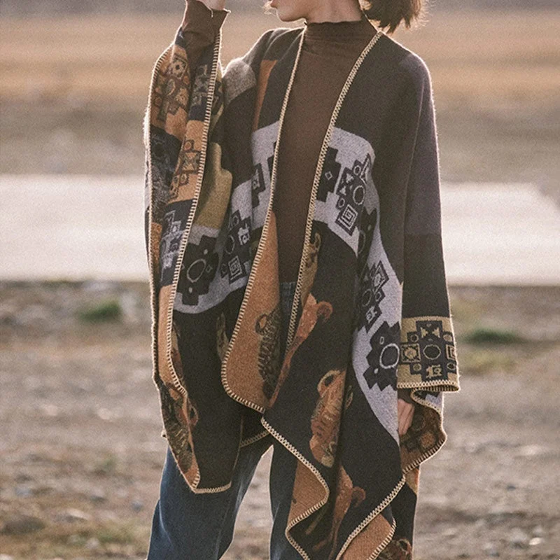Buddha Stones Tibetan Shawl Deer Vase Geometric Shapes Winter Cozy Travel Scarf Wrap Soft Knit Shawl Poncho