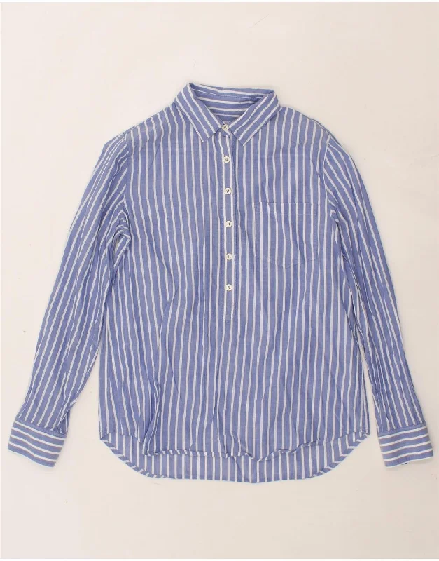 J. CREW Womens Pullover Shirt UK 10 Small Blue Striped Cotton Ruffle Neck Pullover