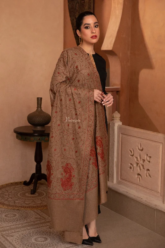 Pashtush Womens Fine Wool Shawl, Heavy Jaal Embroidery Design, Taupe Soft Cotton Shawl Poncho
