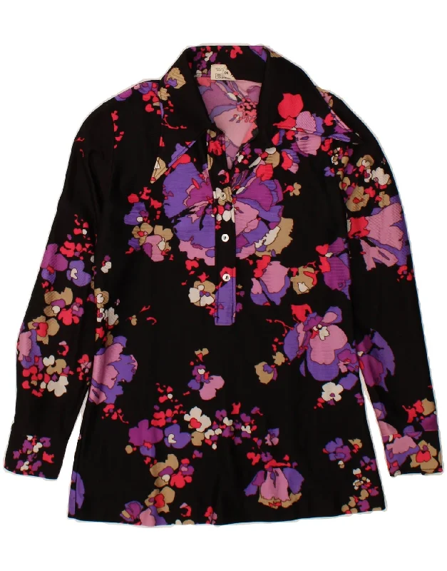 VINTAGE Womens Pullover Shirt UK 12 Medium Black Floral Triacetate Surplice Neck Pullover