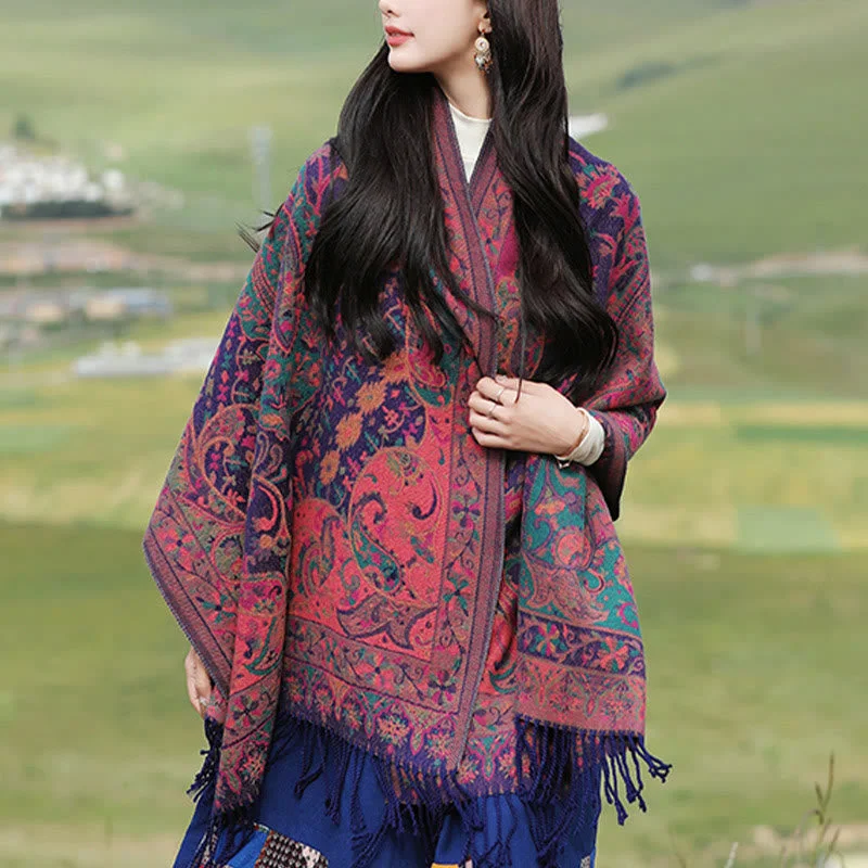 Buddha Stones Tibetan Cashew Flowers Vine Pattern Tassels Shawl Fall Winter Soft Scarf Wrap Comfortable Silk Shawl