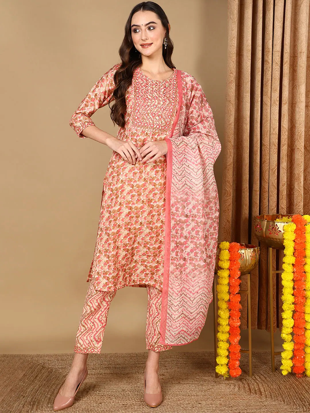 Ahika Women Pink Pure Cotton Geometric Printed Kurta Trouser With Dupatta Trousers Handmade Artisanal