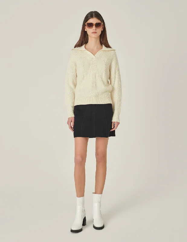 MARYLING Lapel Collar Long-Sleeve Cream-Colored Knitted Pullover Spaghetti Sleeve Top