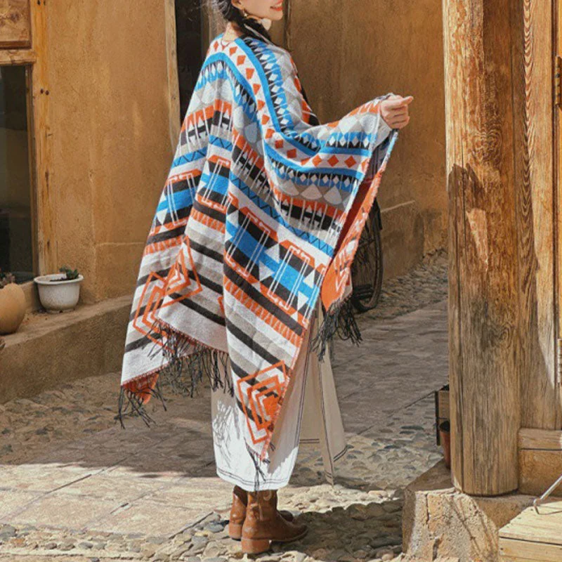 Buddha Stones Tibetan Shawl Striped Geometric Pattern Winter Cozy Travel Tassel Scarf Wrap Trendy Knitted Shawl Wrap