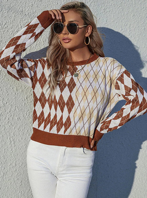 LONG-SLEEVED PULLOVER RHOMBUS SWEATER One Shoulder Top