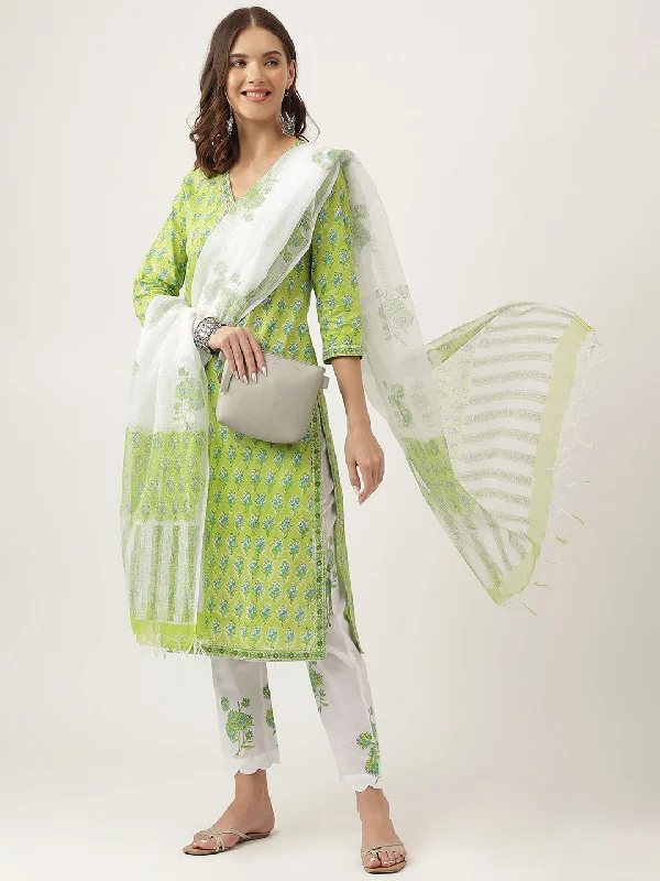 Divena Green Handblock Floral Printed Kurta Trouser & Kota Doria Dupatta Set Cropped Trousers Casual Linen