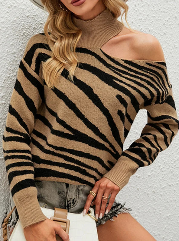 WOMEN HIGH NECK PULLOVER TIGER SWEATER Crew Neck Wool