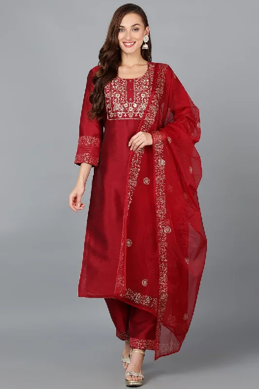 Maroon Silk Blend Yoke Design Kurta Trouser With Dupatta Wide Leg Loose Fit Mid Waist