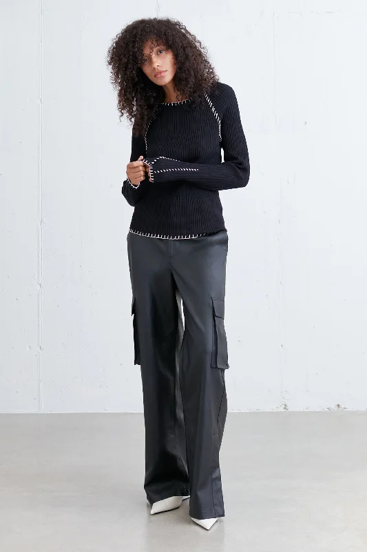 RIBBED SWEATER WITH CONTRAST STITCHING Wool Fabric Cashmere Fabric Tweed Fabric