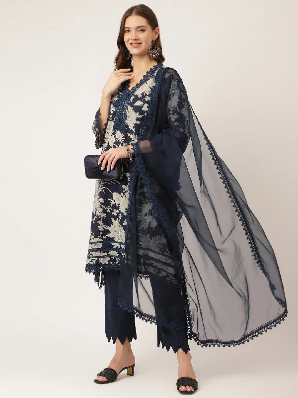 Divena Navy Blue Floral Print Cotton Kurta, Trouser With Dupatta Trousers fashionable chic