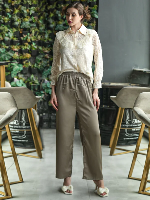 Odette Olive Green Satin Belted Trousers For Women Trousers Cargo pockets
